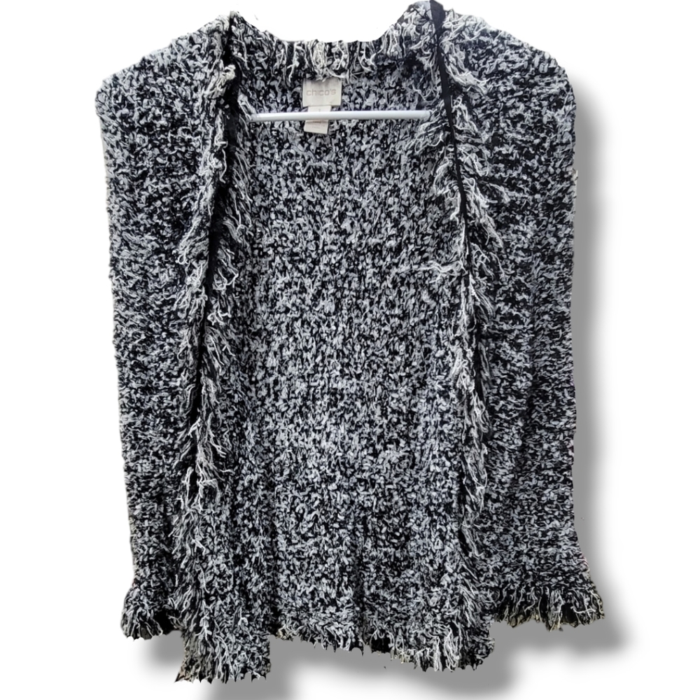 Chicos Size 1 Black and White Fringe Open Cardigan